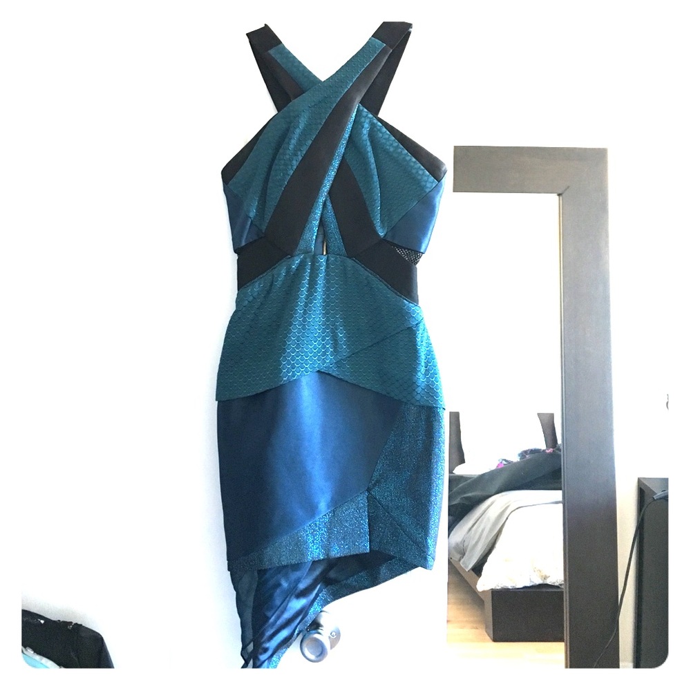 Three floor blue asymmetric dress with cut outs